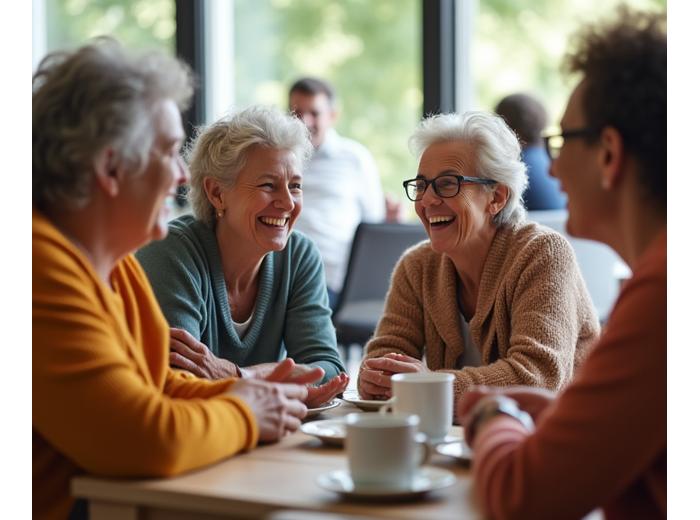 A diverse group of adults 35+ engaging in a supportive group discussion or light activity in a bright, inviting community center or park in Boulder, indicating peer support.