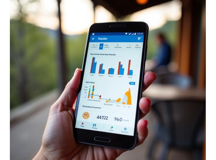 A mobile app screen showing a comprehensive diabetes management dashboard with blood glucose levels, meal logs, and exercise tracking, set against a blurred background of Boulder's Flatirons.