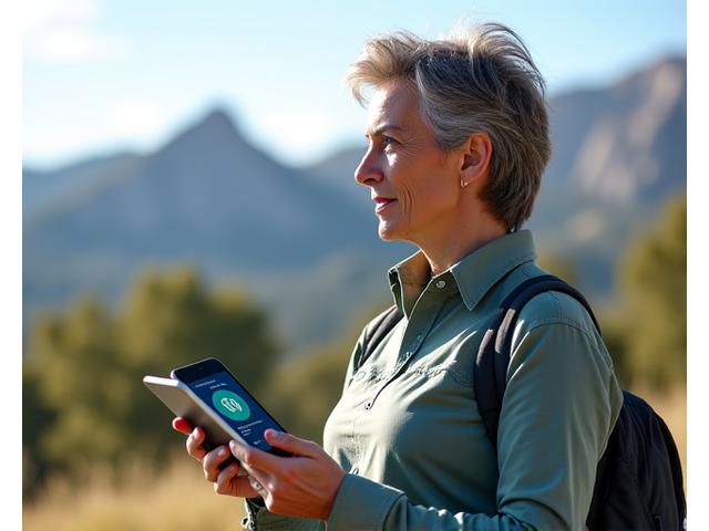 An adult in Boulder using a tablet to manage health data, with mountains in the background, symbolizing control and outdoor activity.