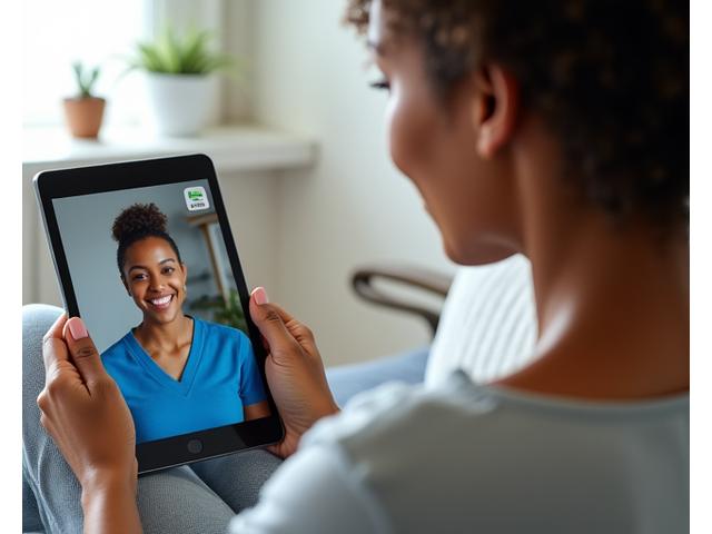 A woman in her mid-40s engaged in a video call with a friendly AuraWell wellness coach on a tablet, showcasing a personalized online consultation.