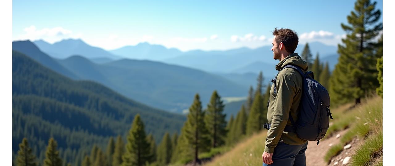 Boulder hiker looking at mountain view, representing wellness and exploration.
