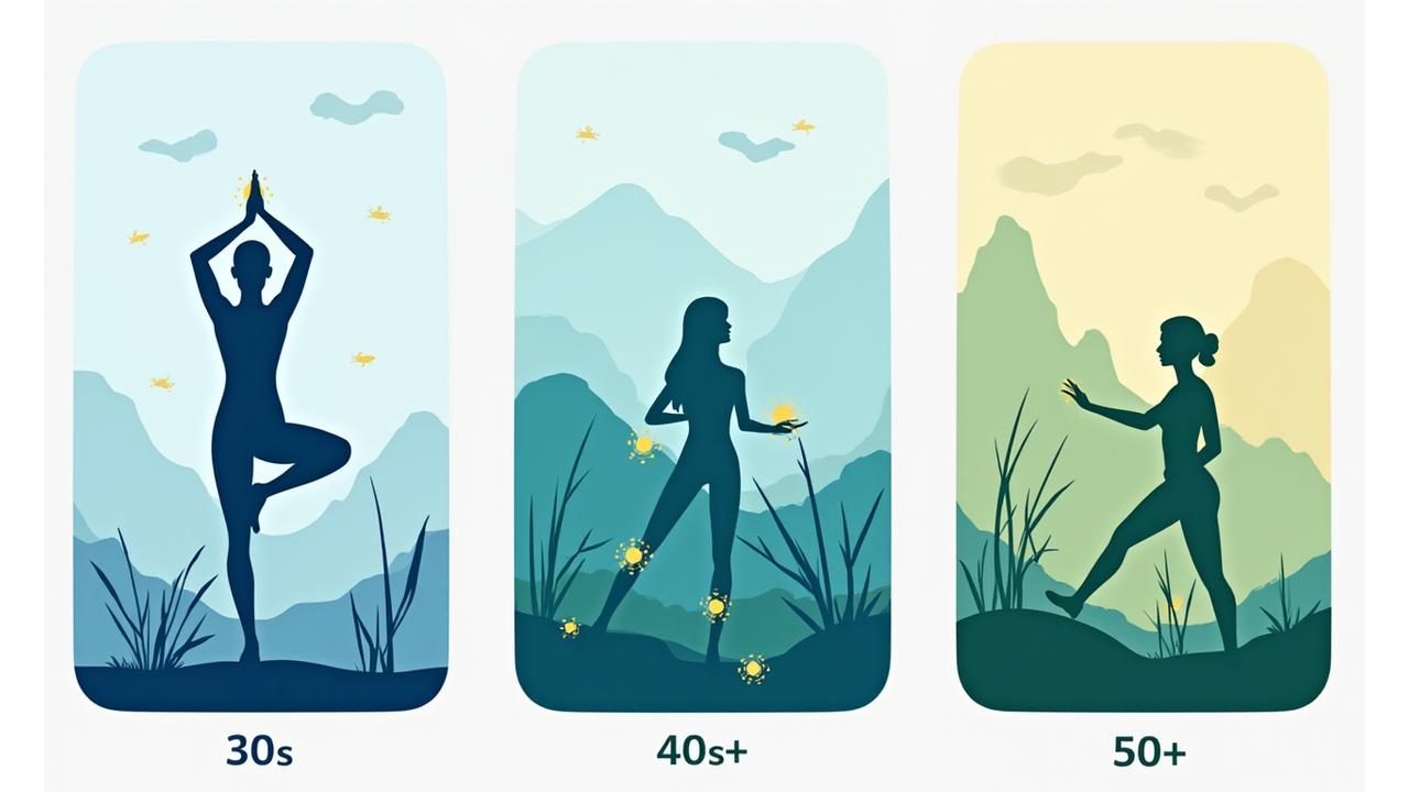 Three distinct panels showing personalized wellness recommendations for adults in their 30s, 40s, and 50s+, highlighting different priorities like stress, hormones, and cognitive health