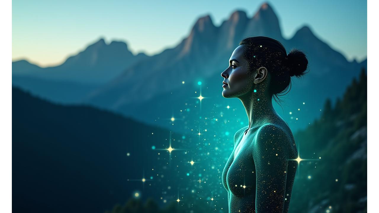 Abstract depiction of AI data flow creating a personalized wellness profile for an adult over 35, with a serene Boulder landscape in the background
