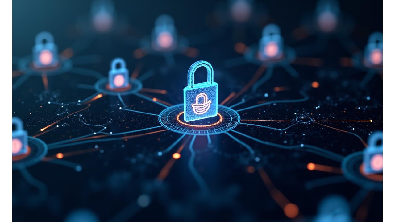 Abstract network of secure data paths with padlock icons and blockchain-like encryption visualization, emphasizing HIPAA compliance and data privacy.