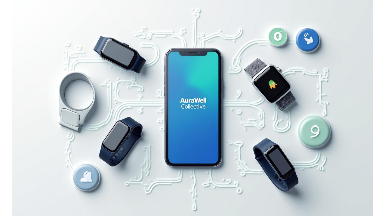 Grid of popular wearable devices and health app logos connected by glowing lines to a central AuraWell Collective platform icon, symbolizing seamless data flow.
