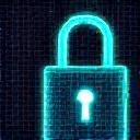Abstract icon representing data encryption, with interlocking digital symbols and subtle glow.
