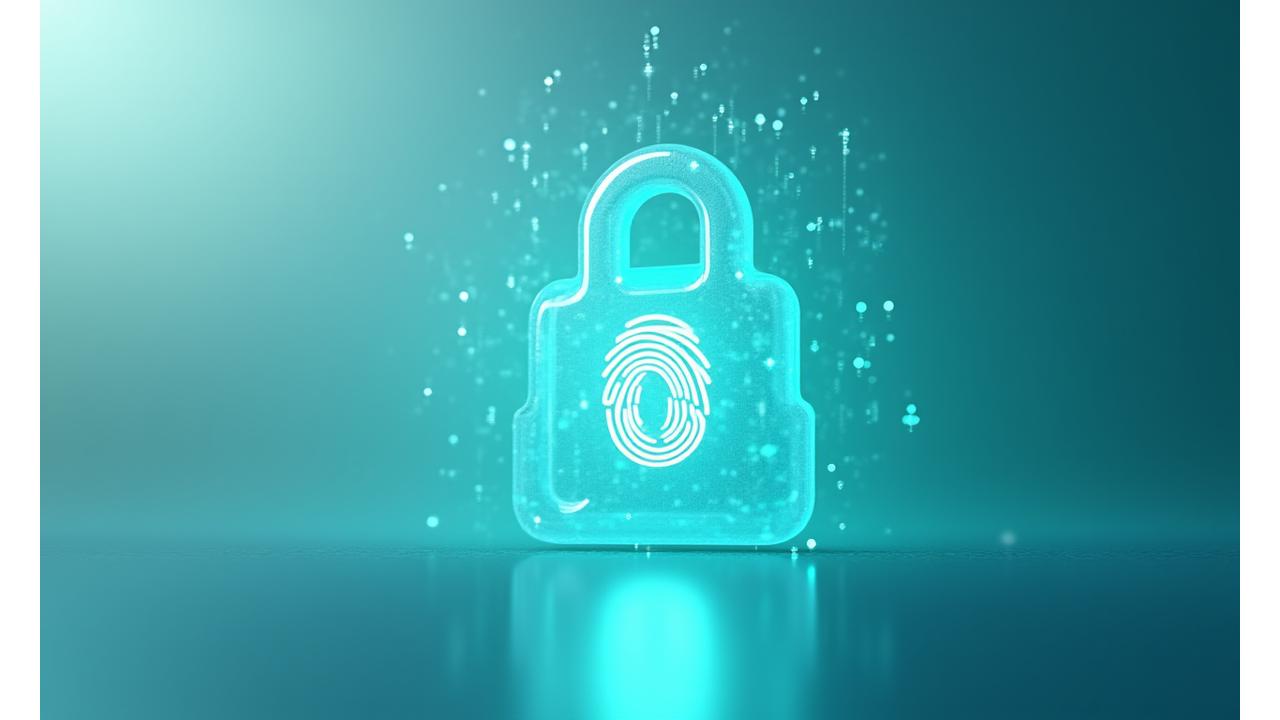 Abstract digital lock icon with subtle biometric scan elements, representing data security and privacy in a digital health platform for adults 35+.