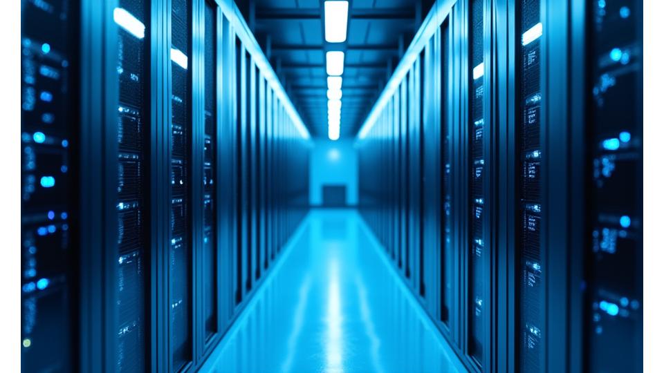Modern, clean server room with glowing blue lights and intricate network connections, conveying high-tech data security.