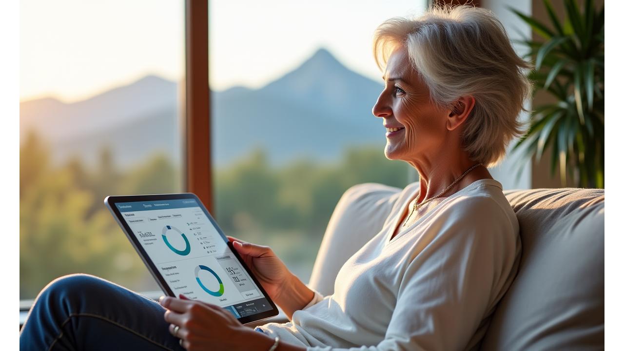 A woman in her 40s reviewing personalized wellness product recommendations on a tablet, with a backdrop of Boulder's Flatirons.