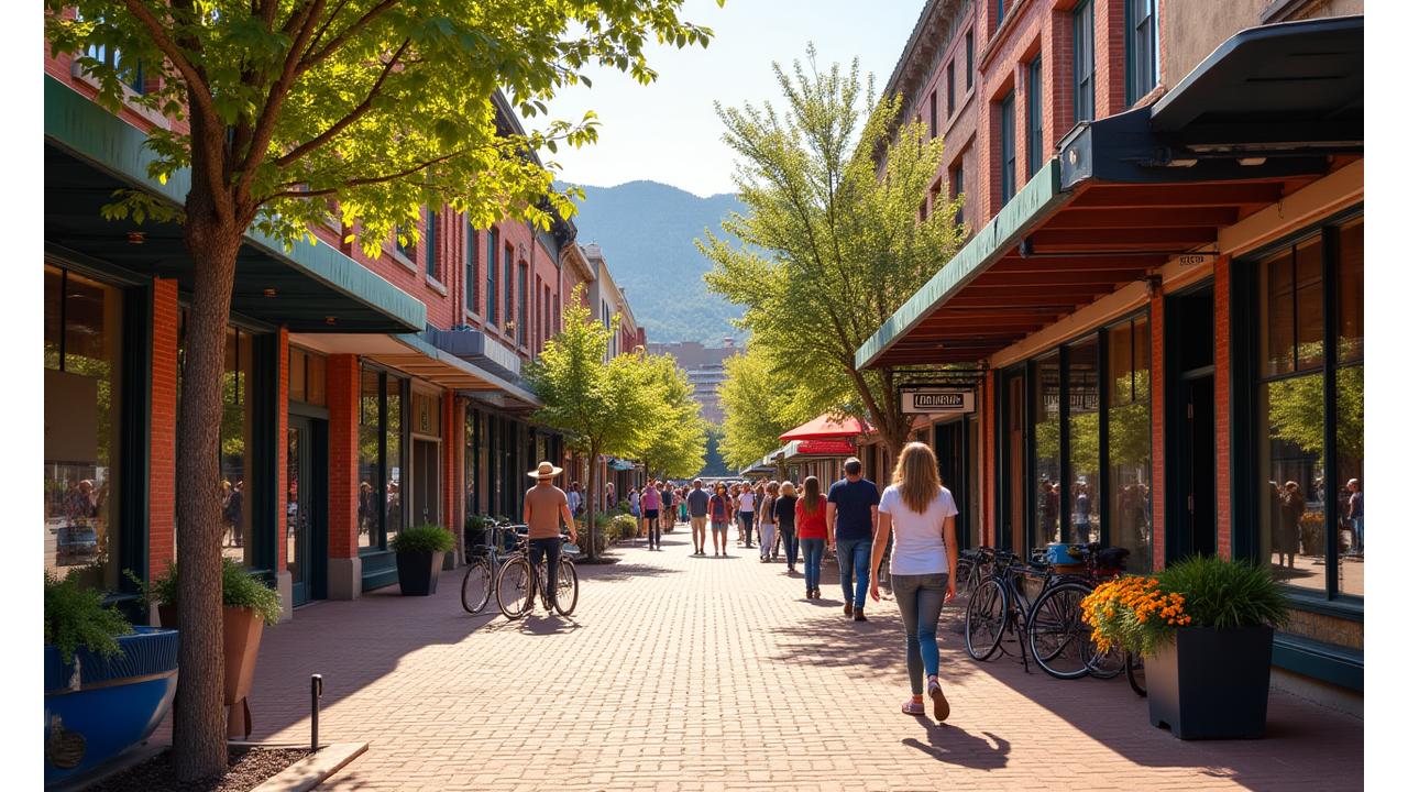 A vibrant street scene in downtown Boulder with visible local shops, suggesting community and accessibility.