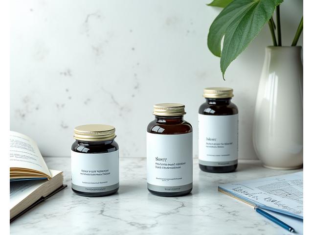 A collection of neatly arranged supplement bottles with subtle labels, accompanied by scientific notes and a pen, emphasizing evidence-based choices.