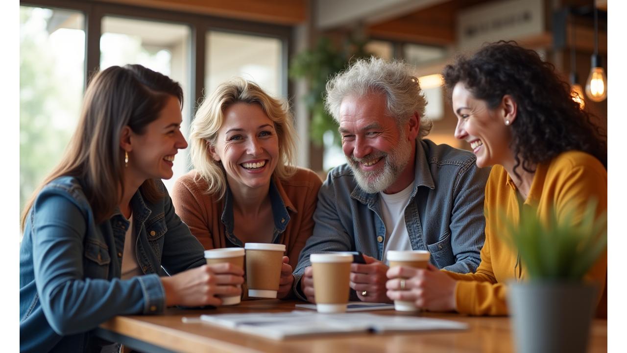 A diverse group of adults 35+ interacting happily and sharing experiences in a modern, open community space, representing the AuraWell user base.