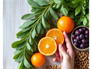 An article thumbnail on mindful eating with fresh vegetables and herbs.