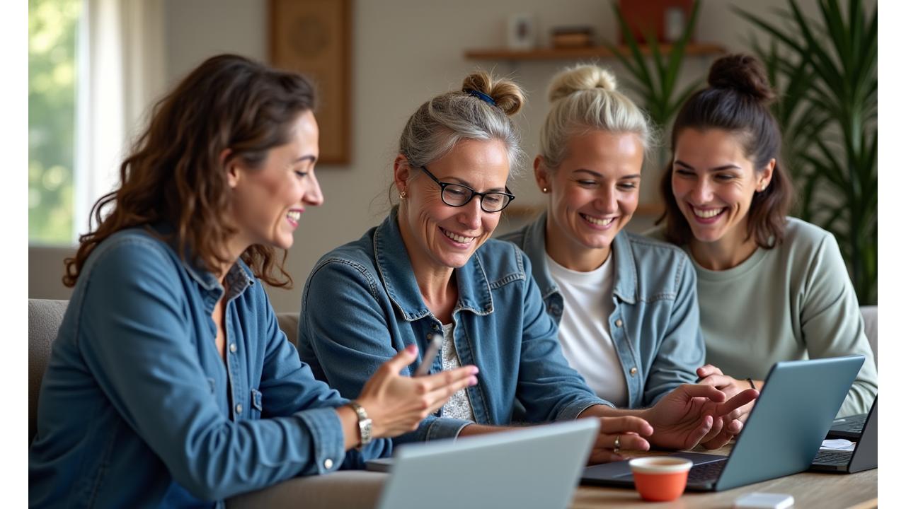 Diverse group of Boulder adults 35+ engaging in a vibrant, supportive online wellness community discussion, smiling and sharing experiences.