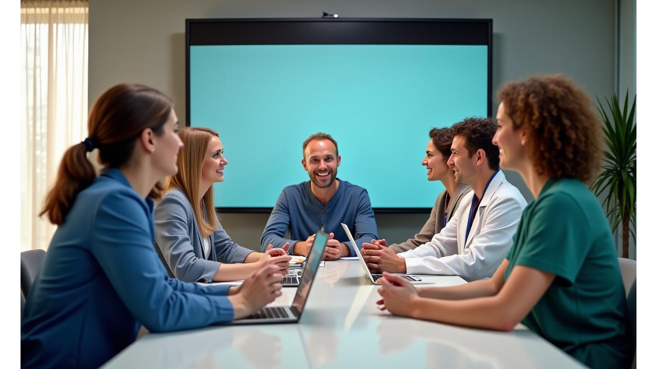 A diverse panel of Boulder health professionals and experts, including a dietitian, a physical therapist, and a mental wellness coach, engaging in a lively discussion representing AuraWell's expert community interaction.