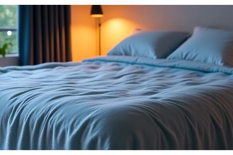 A soft, comforting AuraSleep Weighted Blanket draped over a bed, with a faint glow from a bedside lamp, suggesting peaceful sleep.