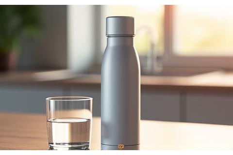 A Zenith Smart Hydration Bottle on a sunlit kitchen counter with a partially filled glass of water next to it, showing a subtle digital display.
