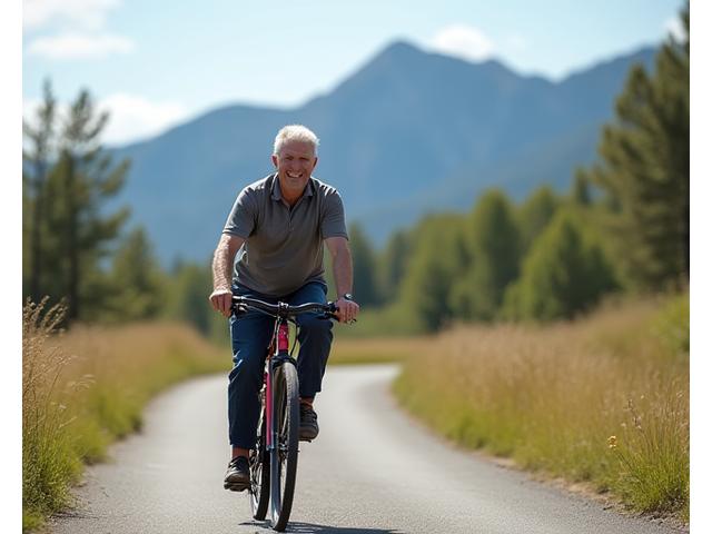 David, a 55-year-old Boulder resident, showcasing his active lifestyle on a bike trail with a serene mountain backdrop, embodying fitness and happiness.