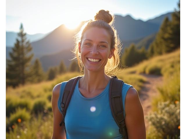 Emma, a 48-year-old Boulder resident, smiling confidently after achieving her wellness goals, with a subtle aura of vitality.