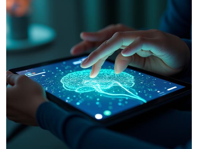 Person using a tablet with abstract glowing neural network on screen, representing cognitive training.