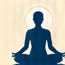Stylized icon of a person meditating in a lotus pose with subtle aura rings, representing mindfulness.