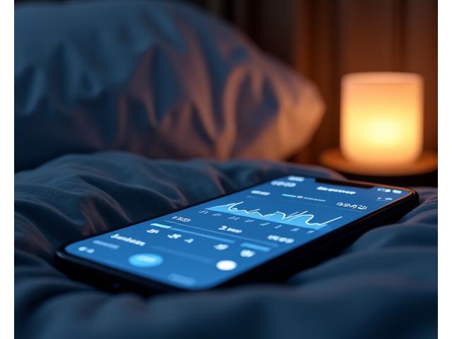 Digital interface of a sleep tracking app on a smartphone, displaying sleep cycles and metrics, next to a relaxing bedside lamp.