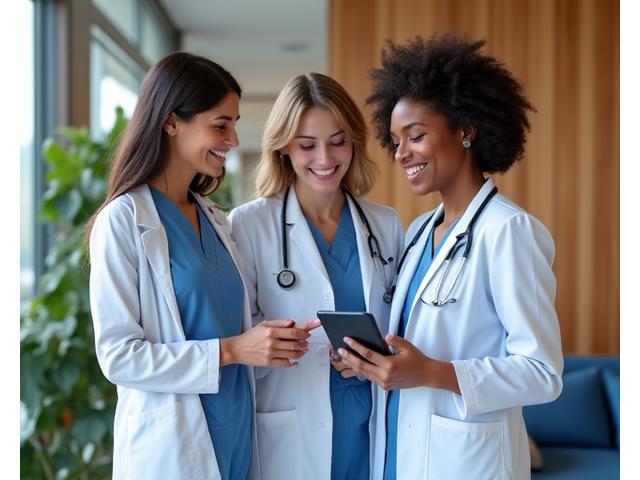 A diverse group of healthcare professionals (female doctors) in a modern Boulder clinic setting, exuding competence and warmth.