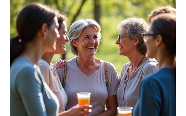 A diverse group of women over 40 engaged in a supportive outdoor conversation in a park, representing community and connection.