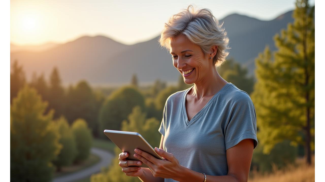 Woman over 40 smiling, confidently navigating digital wellness on a tablet amidst a serene Boulder backdrop.