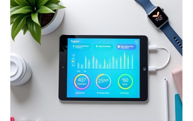 Digital dashboard displaying hormone graphs and symptom tracking, with data inputs from a smartwatch.
