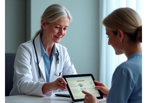 A woman and her female doctor discussing treatment options on a tablet, fostering a sense of collaboration.