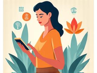 Woman confidently using a digital device to manage stress, with symbols of balance and calm around her.