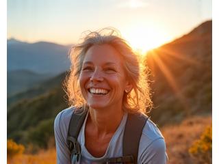 Mature woman enjoying an outdoor activity like hiking in the Boulder Flatirons, radiating health.