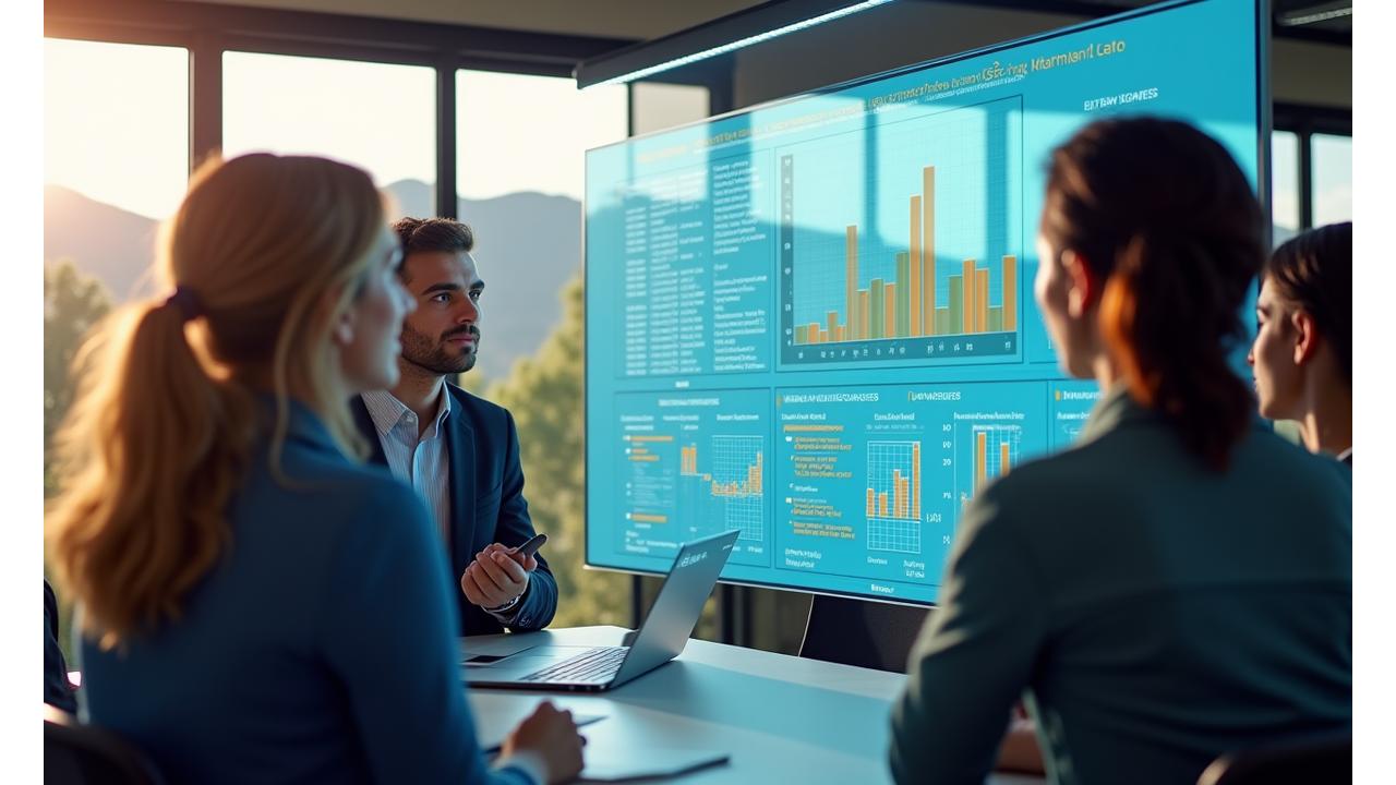 Business professionals viewing an interactive corporate wellness dashboard showing reduced healthcare costs and increased productivity metrics specific to Boulder companies.