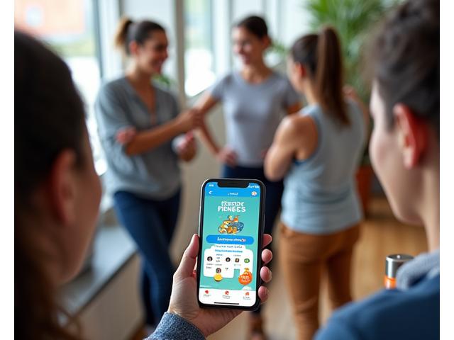 Diverse employees in a modern Boulder office setting engaging with a gamified wellness app, showing progress bars and team leaderboards.